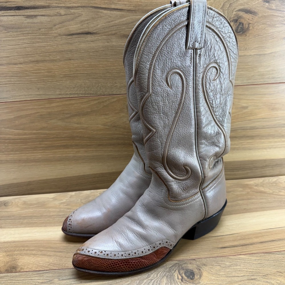 HONDO BOOTS Vintage Boots Womens 6.5 B Grey Greige Toe Overlay Rand Lizard